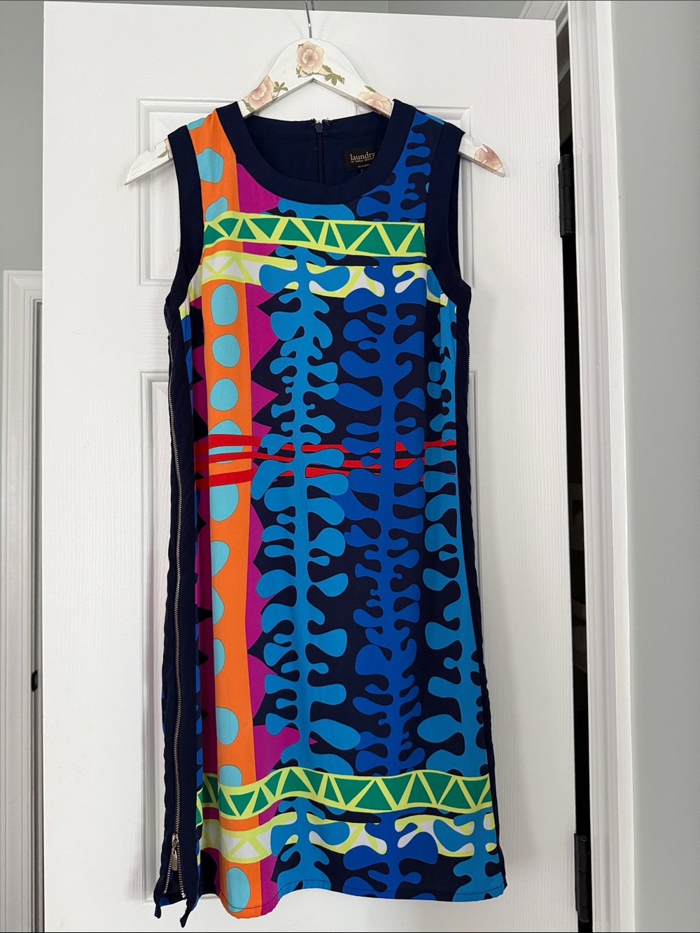 Laundry By Shelli Segal Navy Multi-Color Graphic Sleeveless Mini Dress